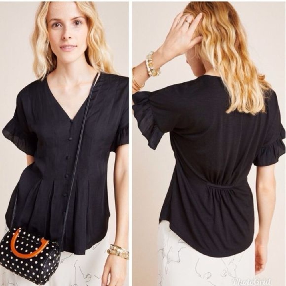 Anthropologie Dolan Left Coast Blouse Peplum Button down Ruffle Sleeves - S